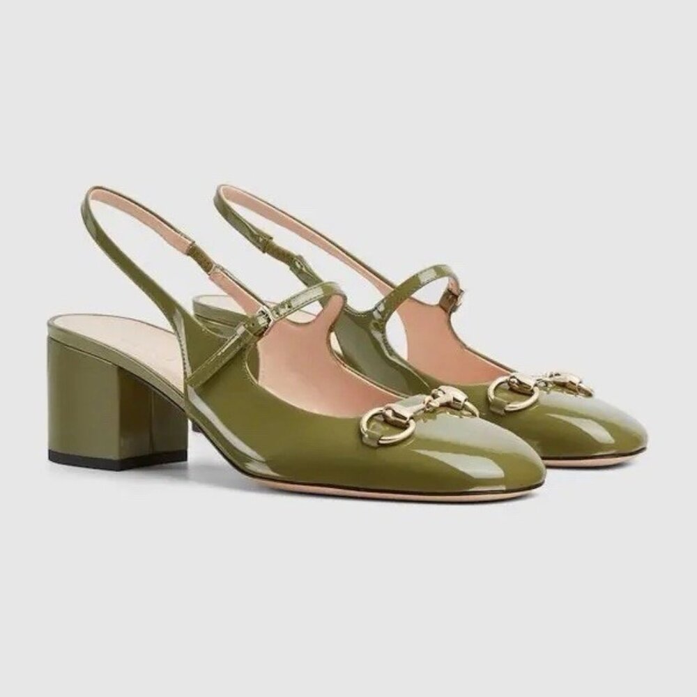 NEW GUCCI  Horsebit Patent Leather Pumps $1,090 SZ 38.5 Green